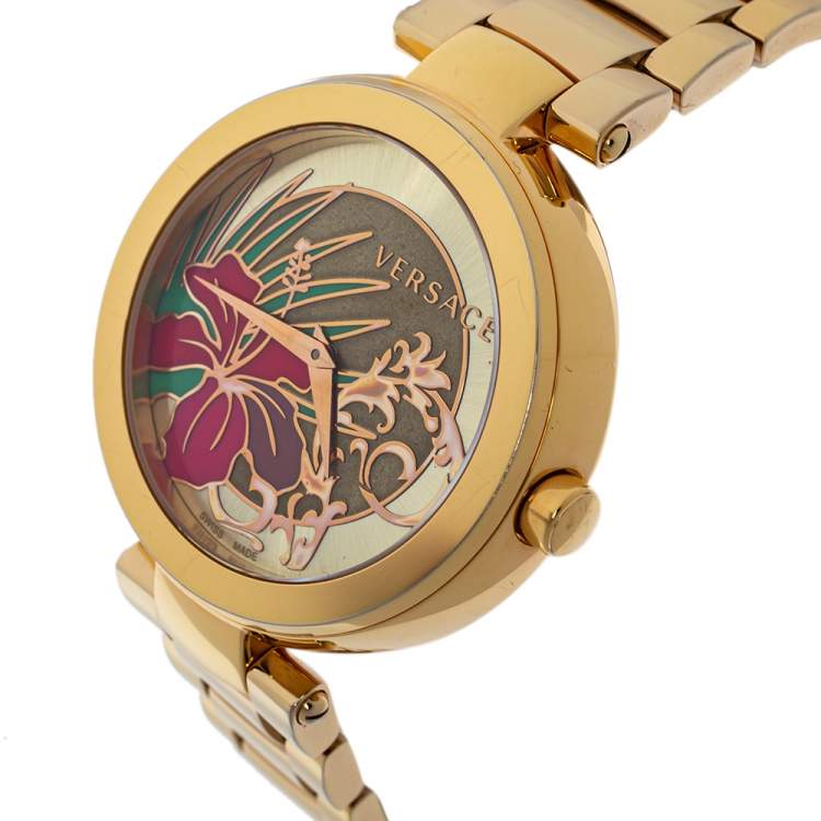 Pre Owned Versace Gold Plated Stainless Steel Mystique Hibiscus Women's Wristwatch 38MM