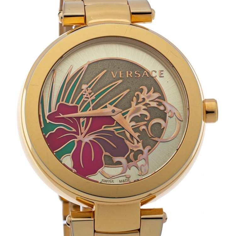 Pre Owned Versace Gold Plated Stainless Steel Mystique Hibiscus Women's Wristwatch 38MM