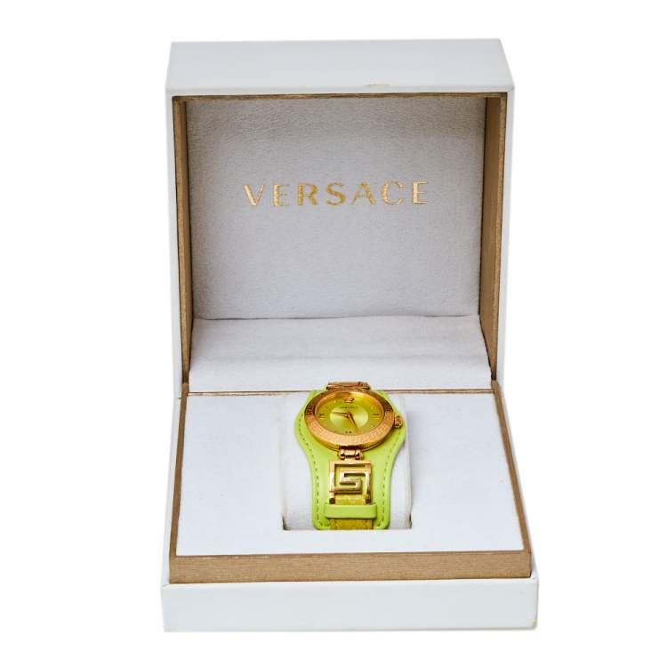 Pre Owned Versace Yellow Green Rose Gold Plated Stainless Steel V Signature VLA070014 Women's Wristwatch 35 mm