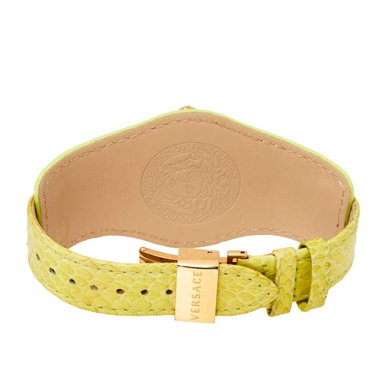 Pre Owned Versace Yellow Green Rose Gold Plated Stainless Steel V Signature VLA070014 Women's Wristwatch 35 mm