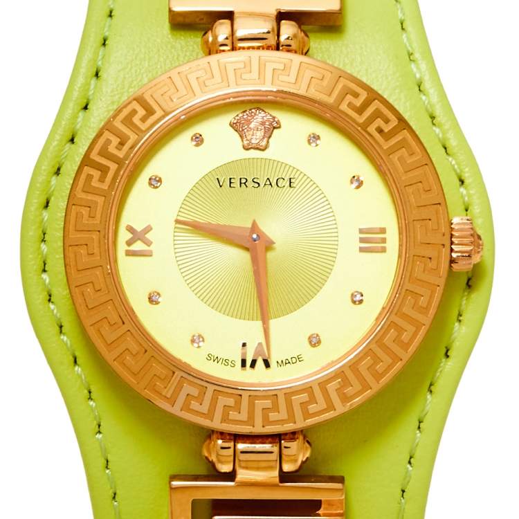 Pre Owned Versace Yellow Green Rose Gold Plated Stainless Steel V Signature VLA070014 Women's Wristwatch 35 mm