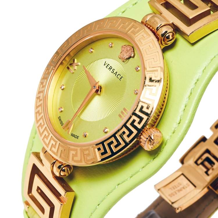 Pre Owned Versace Yellow Green Rose Gold Plated Stainless Steel V Signature VLA070014 Women's Wristwatch 35 mm