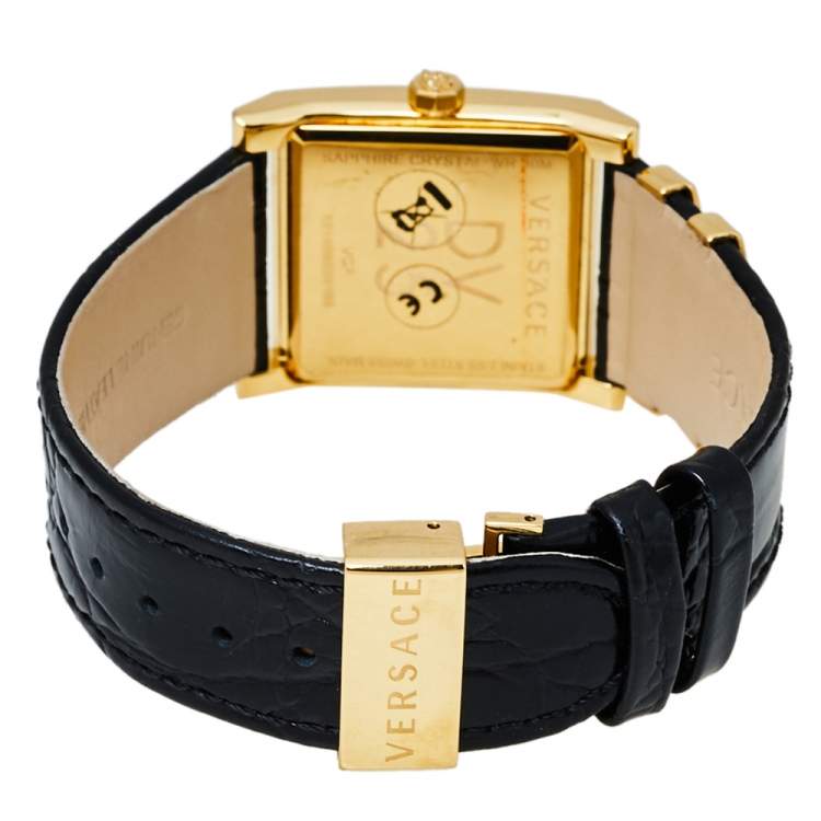 Pre Owned Versace Black Yellow Gold Plates Stainless Steel Diamond VD25 VQF020015 Women's Wristwatch 30 mm