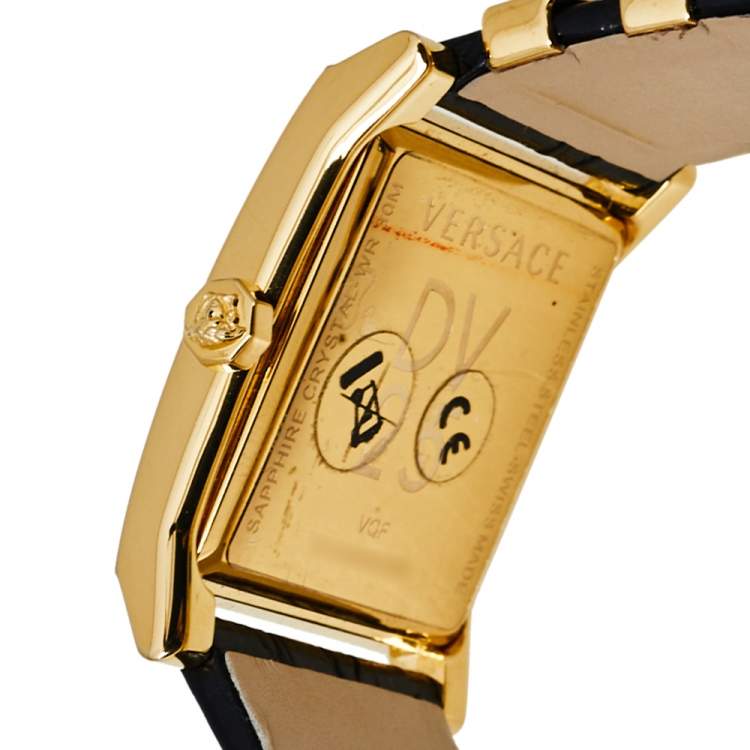 Pre Owned Versace Black Yellow Gold Plates Stainless Steel Diamond VD25 VQF020015 Women's Wristwatch 30 mm