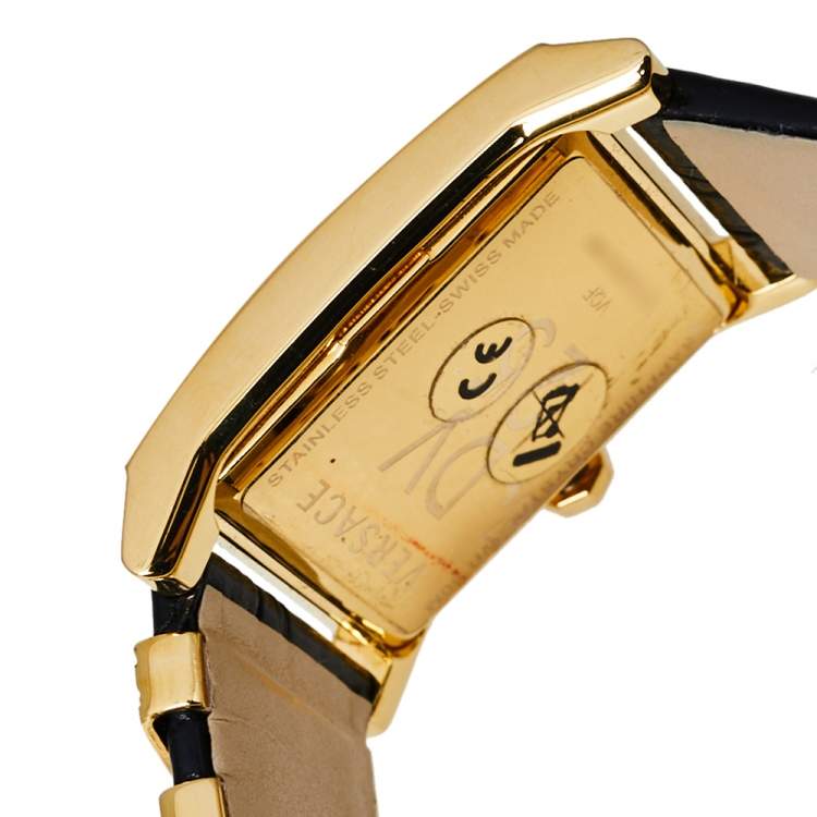 Pre Owned Versace Black Yellow Gold Plates Stainless Steel Diamond VD25 VQF020015 Women's Wristwatch 30 mm