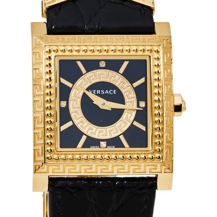 Pre Owned Versace Black Yellow Gold Plates Stainless Steel Diamond VD25 VQF020015 Women's Wristwatch 30 mm