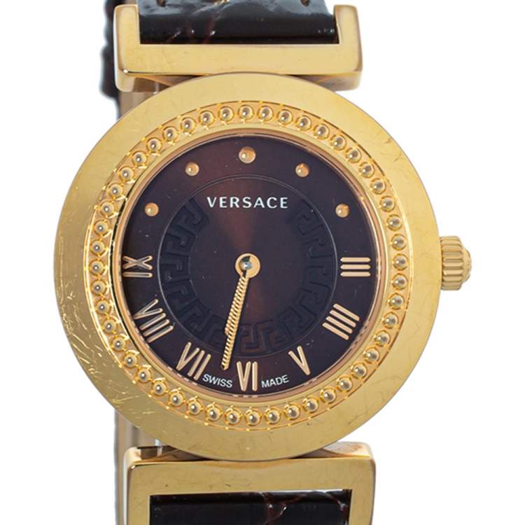 مملوكة مسبقًا Versace Brown Gold Plated Stainless Steel & Leather Vanity P5Q Women's Wristwatch 35 mm