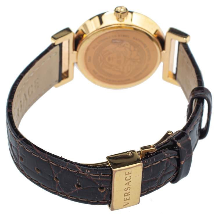 مملوكة مسبقًا Versace Brown Gold Plated Stainless Steel & Leather Vanity P5Q Women's Wristwatch 35 mm