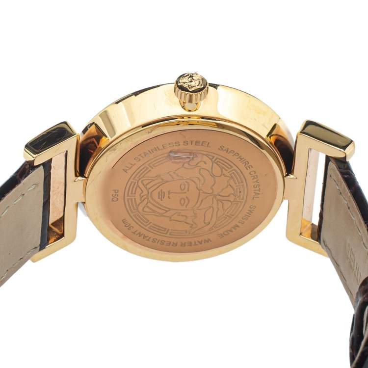 مملوكة مسبقًا Versace Brown Gold Plated Stainless Steel & Leather Vanity P5Q Women's Wristwatch 35 mm