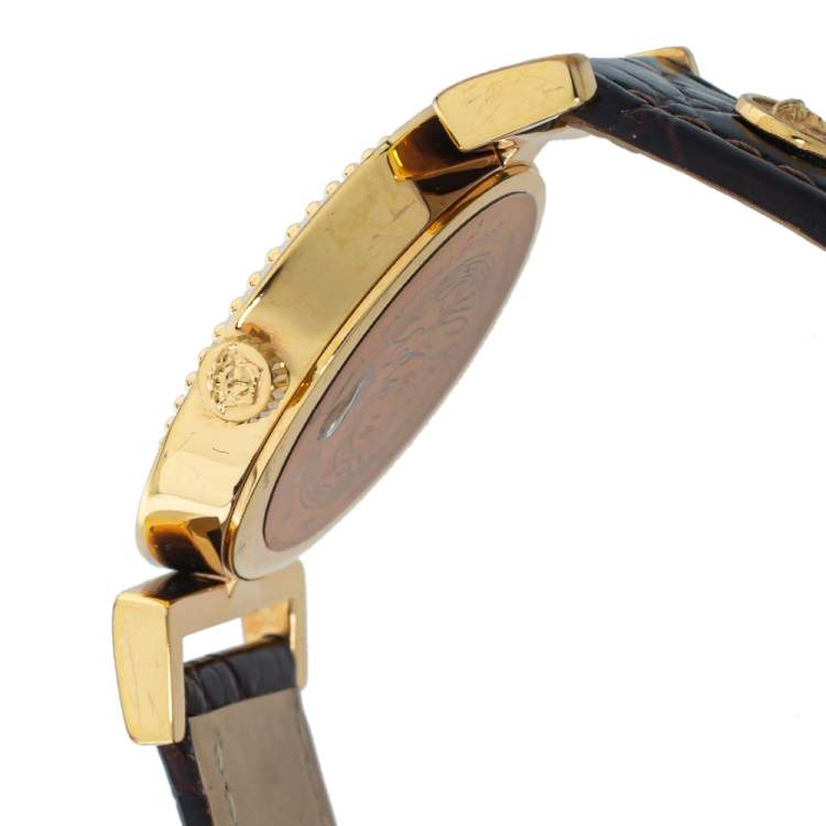 مملوكة مسبقًا Versace Brown Gold Plated Stainless Steel & Leather Vanity P5Q Women's Wristwatch 35 mm