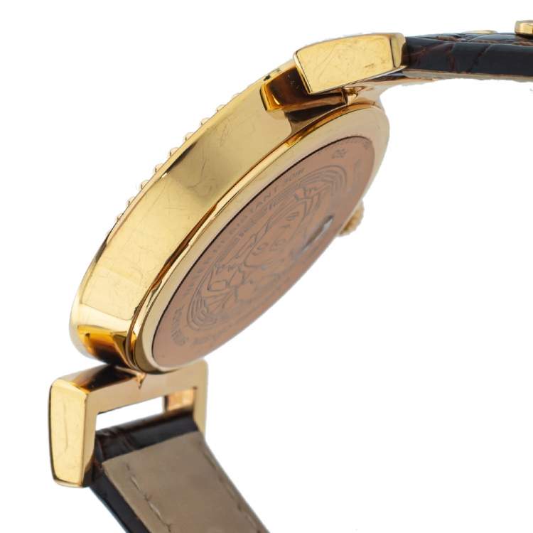 مملوكة مسبقًا Versace Brown Gold Plated Stainless Steel & Leather Vanity P5Q Women's Wristwatch 35 mm