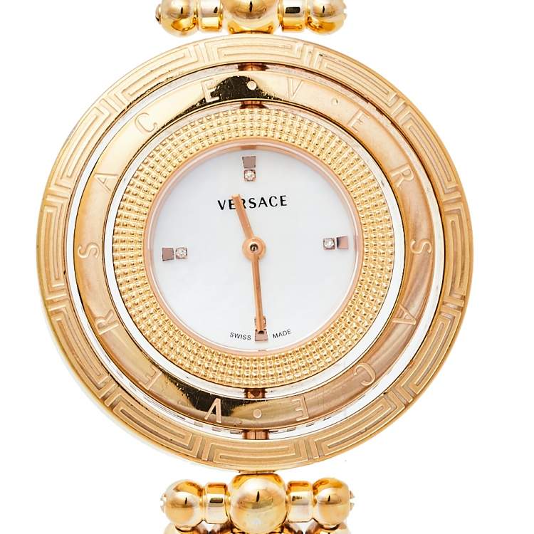 Pre Owned Versace Mother of Pearl Gold Plated Stainless Steel Eon 80Q Women's Wristwatch 39 mm