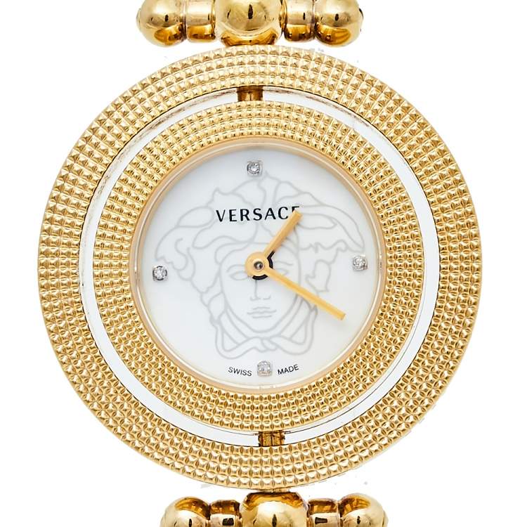 Pre Owned Versace Mother Of Pearl Yellow Gold Plated Stainless Steel Eon 79Q Women's Wristwatch 33.5 mm