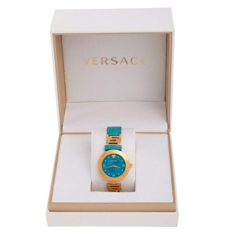 Pre Owned Versace Blue Gold Plated Stainless Steel Leather V-Signature VLA Women's Wristwatch 35 mm
