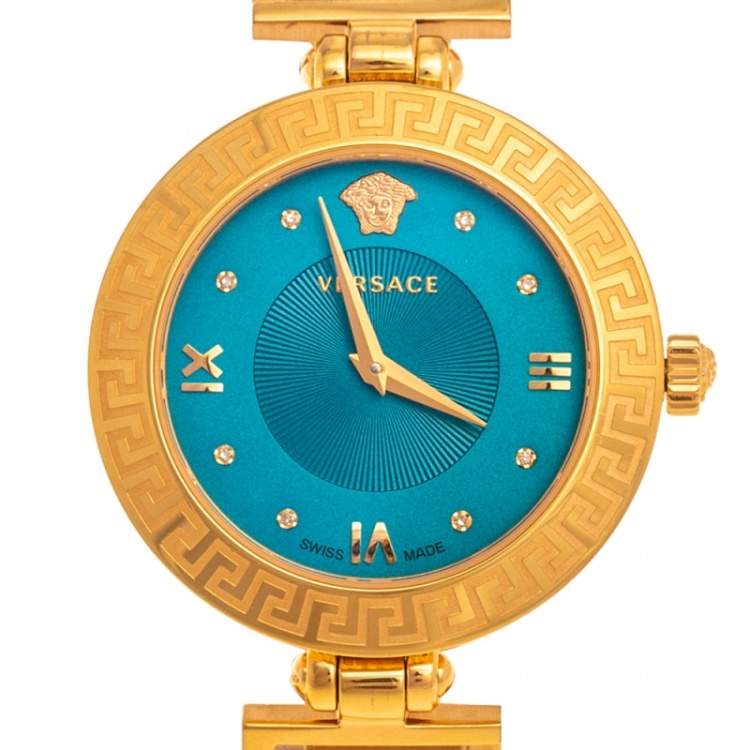 Pre Owned Versace Blue Gold Plated Stainless Steel Leather V-Signature VLA Women's Wristwatch 35 mm
