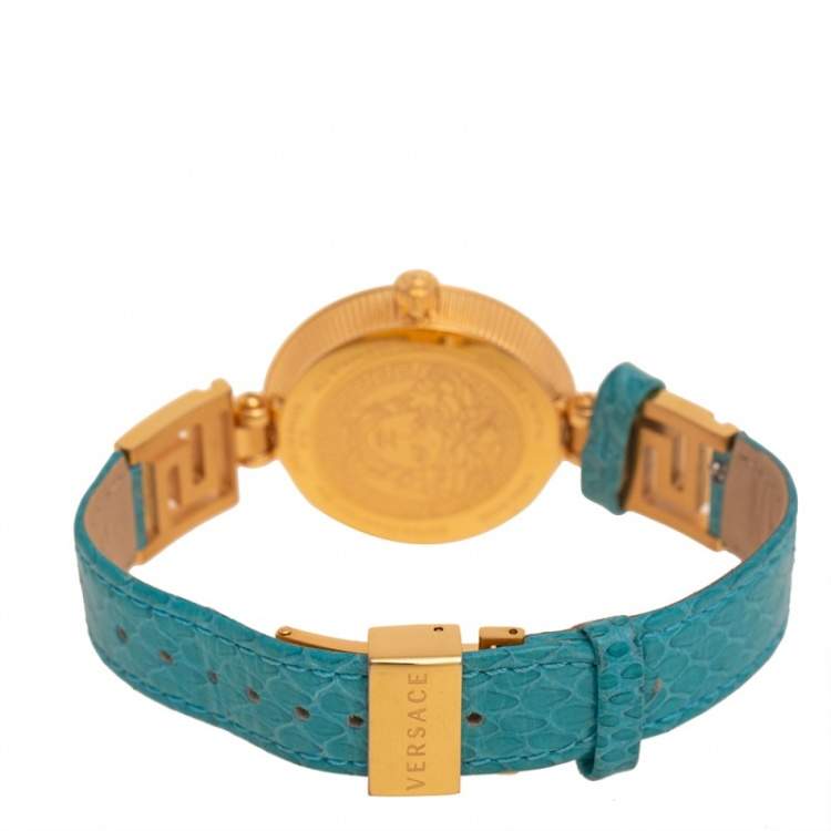 Pre Owned Versace Blue Gold Plated Stainless Steel Leather V-Signature VLA Women's Wristwatch 35 mm