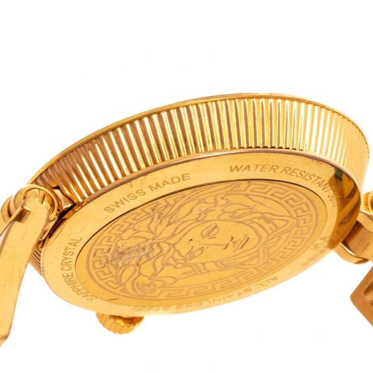 Pre Owned Versace Blue Gold Plated Stainless Steel Leather V-Signature VLA Women's Wristwatch 35 mm