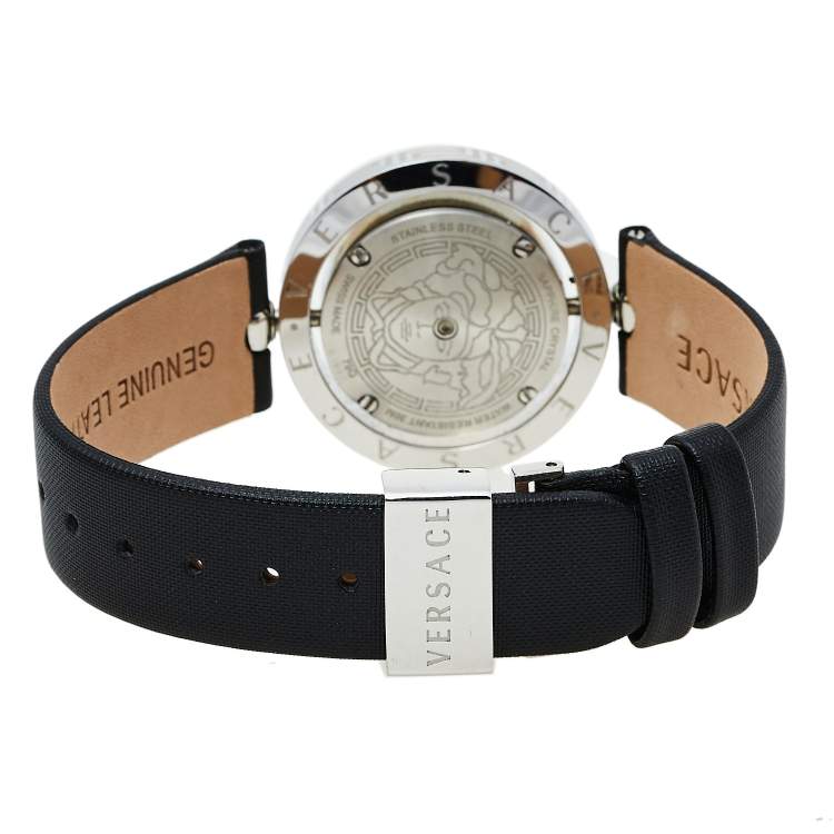 Pre Owned Versace Mother Of Pearl Stainless Steel Leather Eon 79Q Women's Wristwatch 34 mm