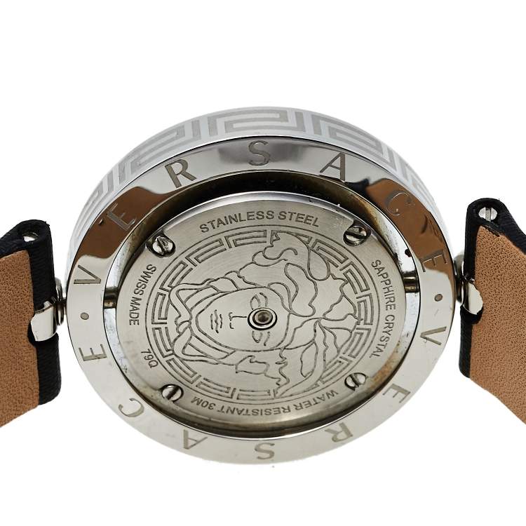 Pre Owned Versace Mother Of Pearl Stainless Steel Leather Eon 79Q Women's Wristwatch 34 mm