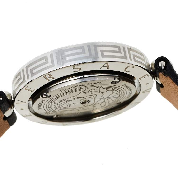 Pre Owned Versace Mother Of Pearl Stainless Steel Leather Eon 79Q Women's Wristwatch 34 mm