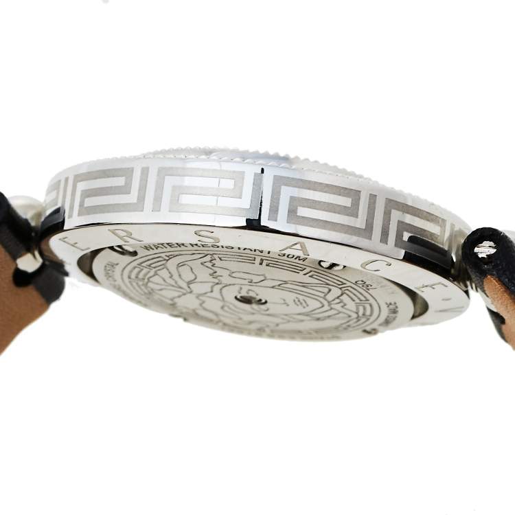 Pre Owned Versace Mother Of Pearl Stainless Steel Leather Eon 79Q Women's Wristwatch 34 mm