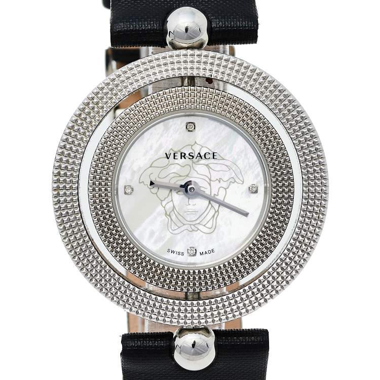 Pre Owned Versace Mother Of Pearl Stainless Steel Leather Eon 79Q Women's Wristwatch 34 mm