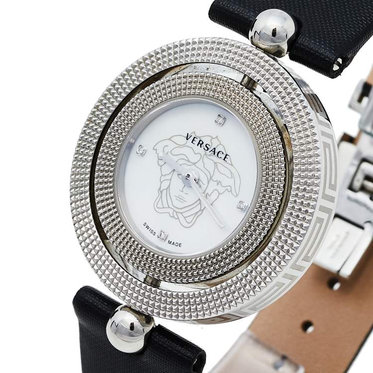 Pre Owned Versace Mother Of Pearl Stainless Steel Leather Eon 79Q Women's Wristwatch 34 mm
