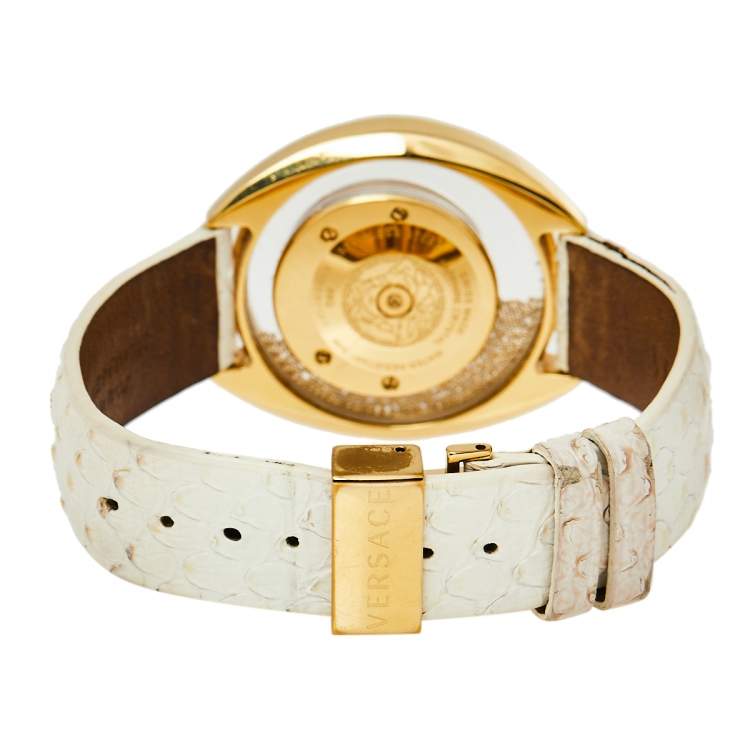 Pre Owned Versace White Gold Plated Stainless Steel Python Leather Destiny Spirit 86Q Women's Wristwatch 39 mm