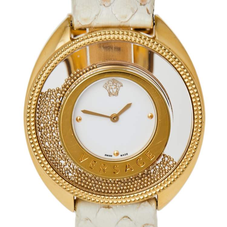 Pre Owned Versace White Gold Plated Stainless Steel Python Leather Destiny Spirit 86Q Women's Wristwatch 39 mm