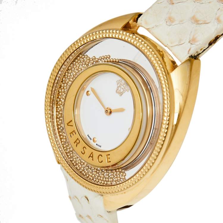 Pre Owned Versace White Gold Plated Stainless Steel Python Leather Destiny Spirit 86Q Women's Wristwatch 39 mm