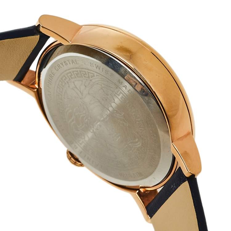 Pre Owned Versace Blue Gold Plated Stainless Steel Leather Virtus VEHC Women's Wristwatch 36 mm