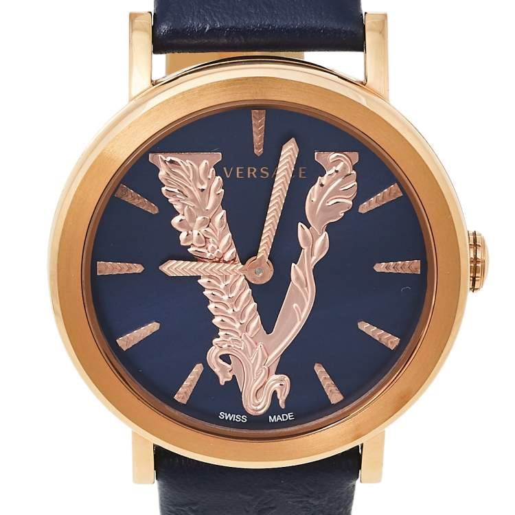Pre Owned Versace Blue Gold Plated Stainless Steel Leather Virtus VEHC Women's Wristwatch 36 mm
