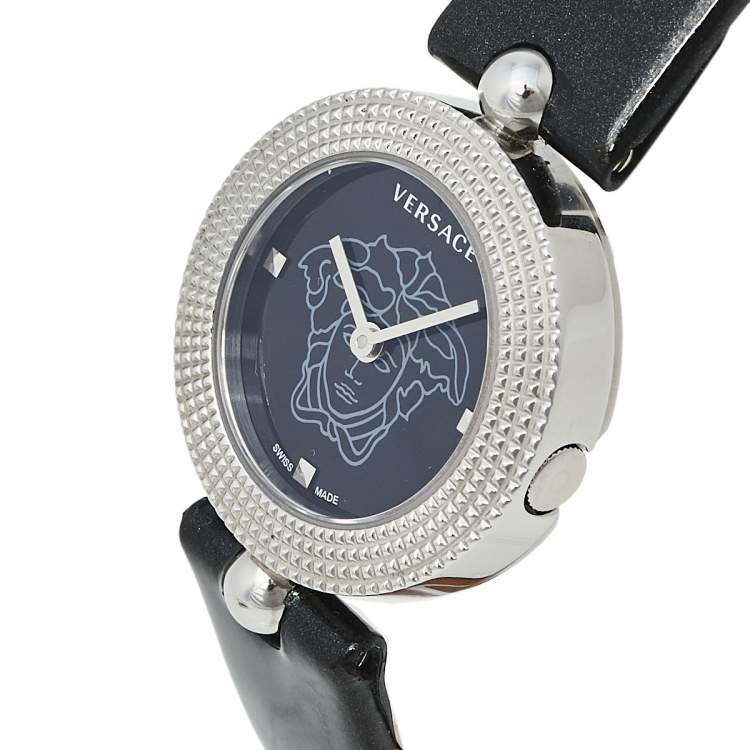 Pre Owned Versace Black Stainless Steel Patent Leather Eon Soiree 94Q Women's Wristwatch 27 mm