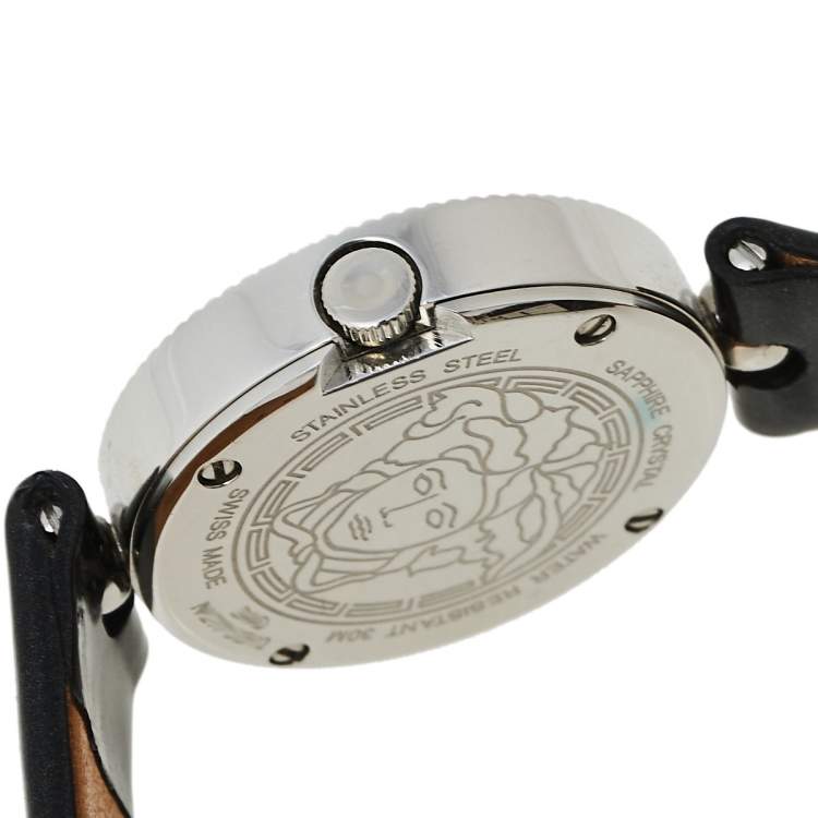 Pre Owned Versace Black Stainless Steel Patent Leather Eon Soiree 94Q Women's Wristwatch 27 mm