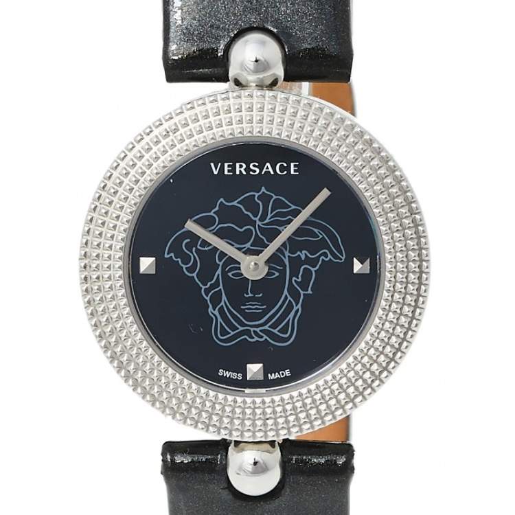 Pre Owned Versace Black Stainless Steel Patent Leather Eon Soiree 94Q Women's Wristwatch 27 mm