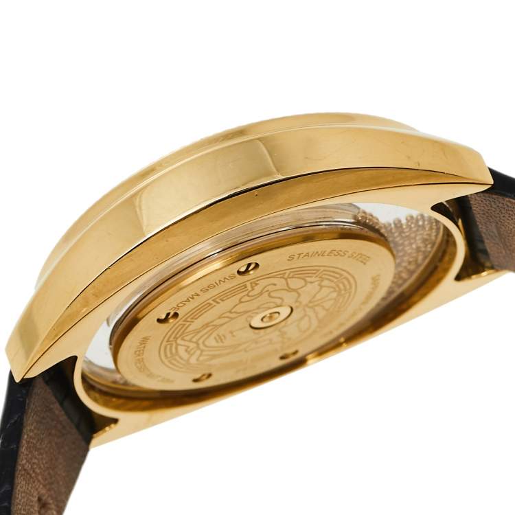 Pre Owned Versace Black Gold Plated Stainless Steel & Leather Destiny Spirit 86Q Women's Wristwatch 39 mm