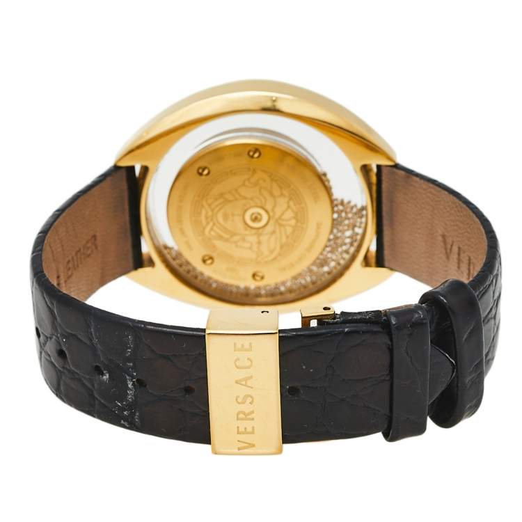 Pre Owned Versace Black Gold Plated Stainless Steel & Leather Destiny Spirit 86Q Women's Wristwatch 39 mm