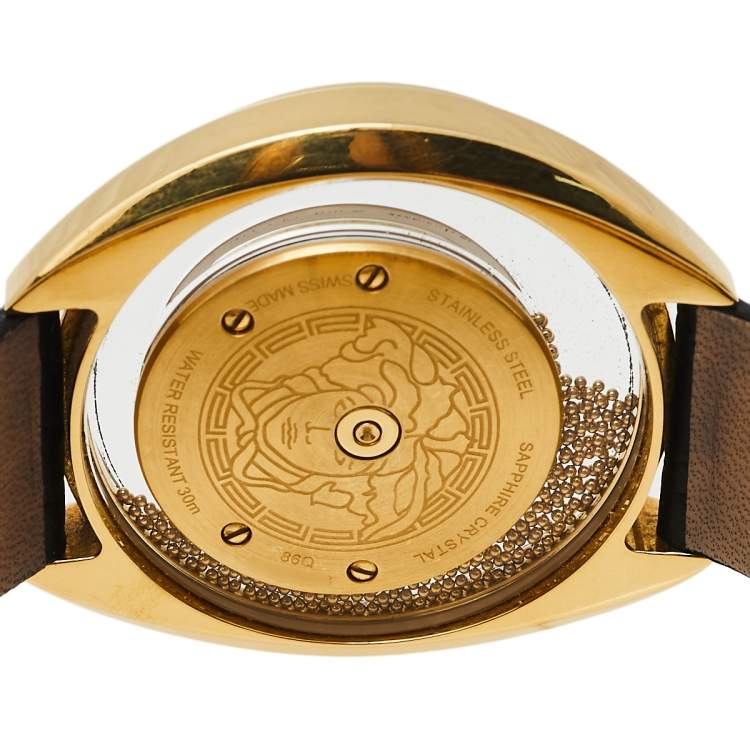 Pre Owned Versace Black Gold Plated Stainless Steel & Leather Destiny Spirit 86Q Women's Wristwatch 39 mm