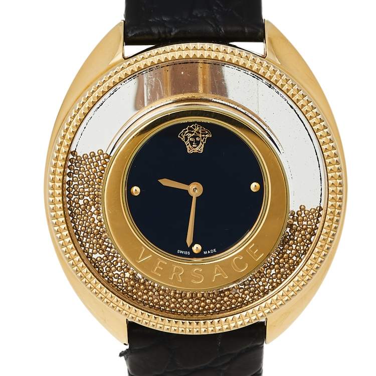 Pre Owned Versace Black Gold Plated Stainless Steel & Leather Destiny Spirit 86Q Women's Wristwatch 39 mm
