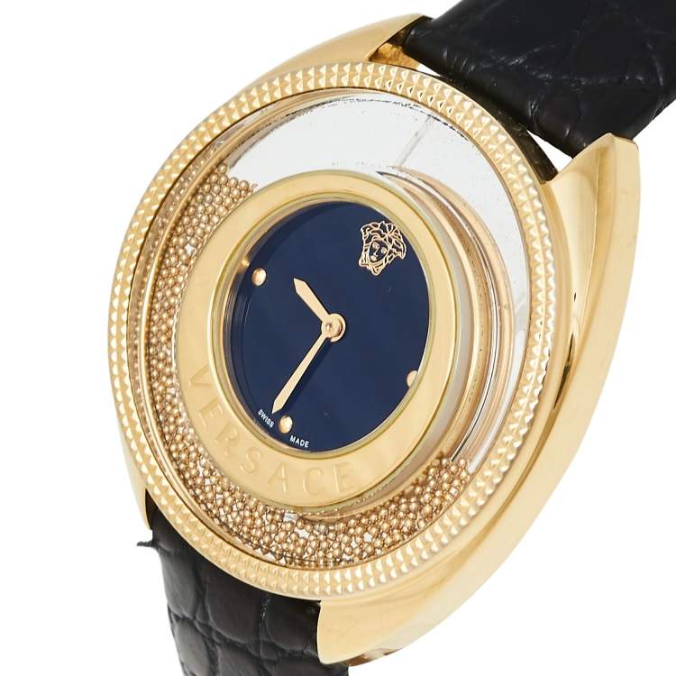 Pre Owned Versace Black Gold Plated Stainless Steel & Leather Destiny Spirit 86Q Women's Wristwatch 39 mm