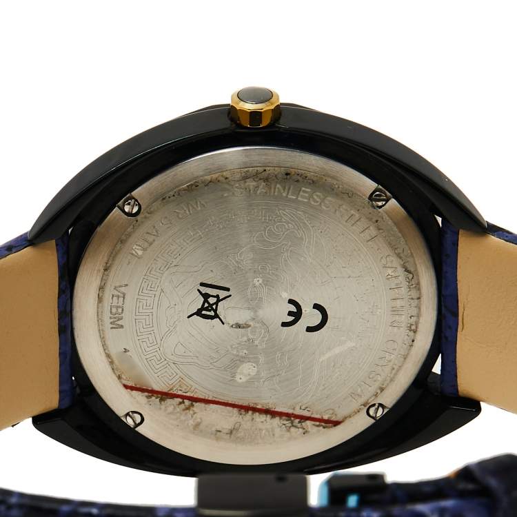 Pre Owned Versace Blue Ion Plated Steel Leather Shadov VEBM00418 Women's Wristwatch 38 mm
