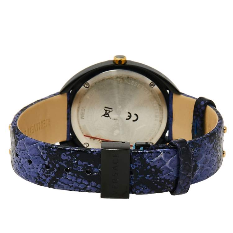 Pre Owned Versace Blue Ion Plated Steel Leather Shadov VEBM00418 Women's Wristwatch 38 mm