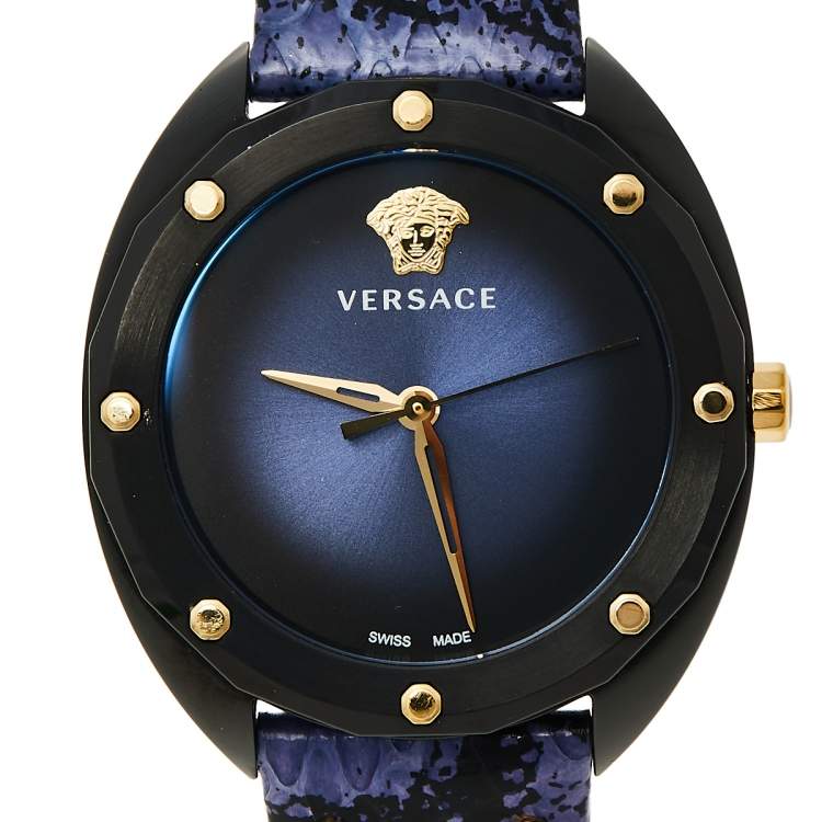 Pre Owned Versace Blue Ion Plated Steel Leather Shadov VEBM00418 Women's Wristwatch 38 mm