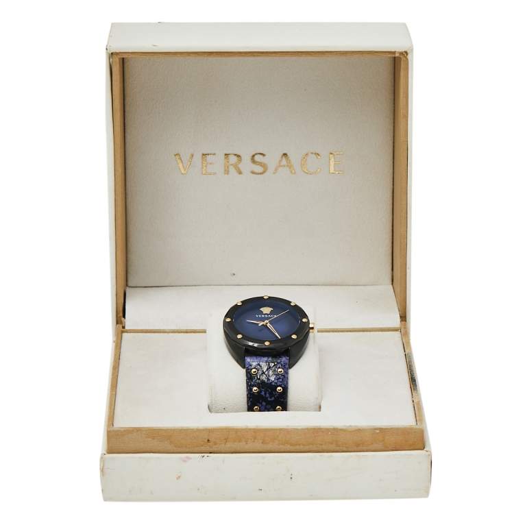 Pre Owned Versace Blue Ion Plated Steel Leather Shadov VEBM00418 Women's Wristwatch 38 mm