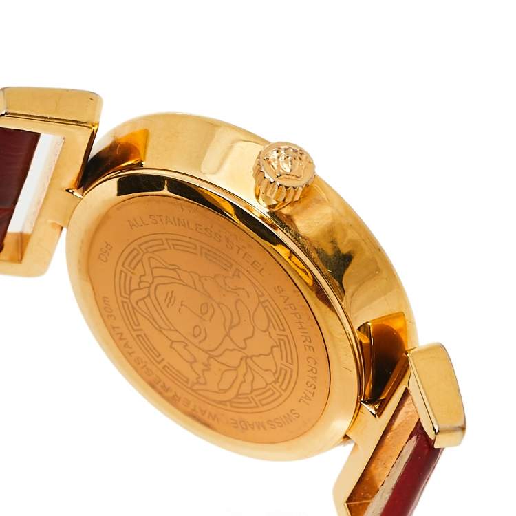 Pre Owned Versace Red Gold Plated Stainless Steel & Leather Vanity P5Q Women's Wristwatch 35 mm