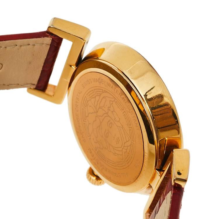 Pre Owned Versace Red Gold Plated Stainless Steel & Leather Vanity P5Q Women's Wristwatch 35 mm