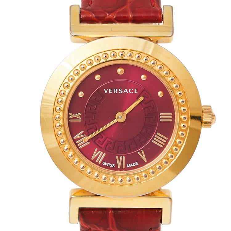 Pre Owned Versace Red Gold Plated Stainless Steel & Leather Vanity P5Q Women's Wristwatch 35 mm