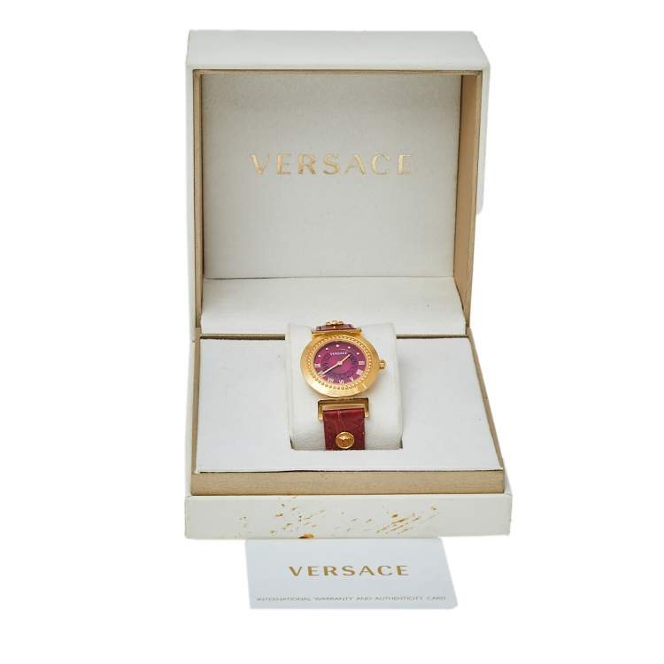 Pre Owned Versace Red Gold Plated Stainless Steel & Leather Vanity P5Q Women's Wristwatch 35 mm