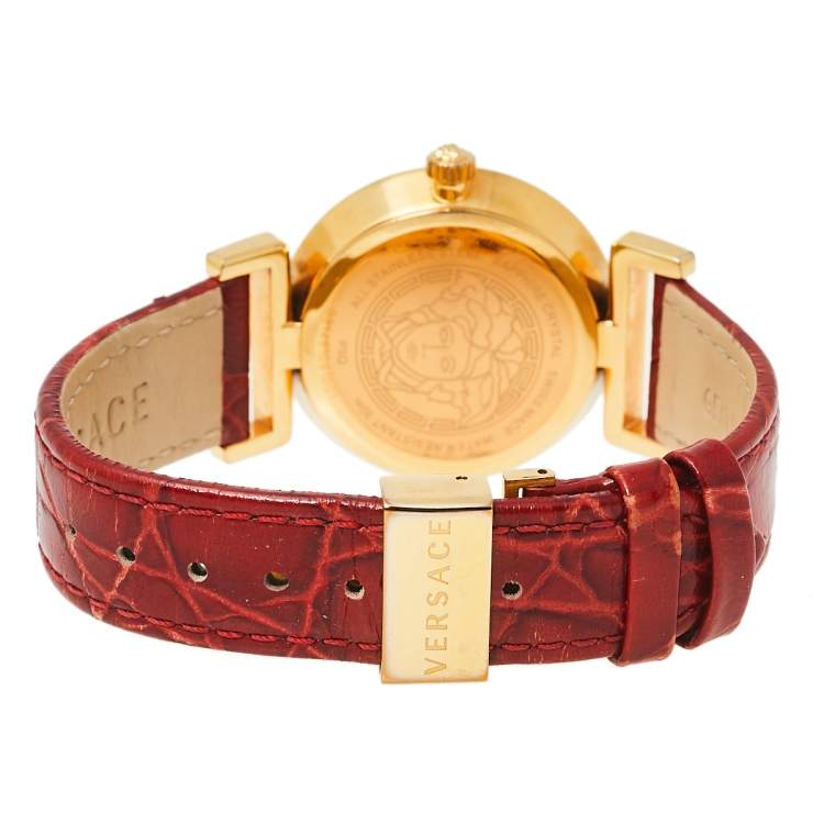 Pre Owned Versace Red Gold Plated Stainless Steel & Leather Vanity P5Q Women's Wristwatch 35 mm