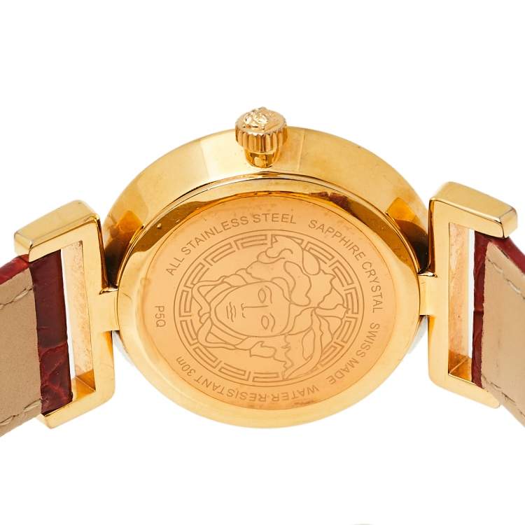 Pre Owned Versace Red Gold Plated Stainless Steel & Leather Vanity P5Q Women's Wristwatch 35 mm